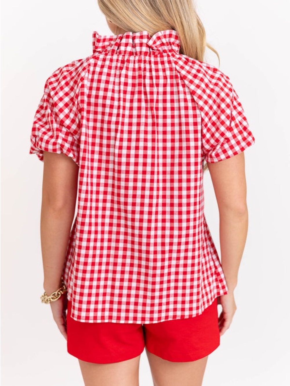 GeeGee Red Gingham Ribbon Bow Top with Ruffle Collar XL - Picture 3 of 8